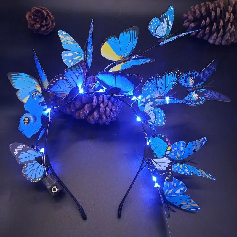 

1pc Led Luminous Simulation Pink Blue Butterfly Flower Branch Christmas Turban Headdress Wedding Party Decoration Easter Hallowe