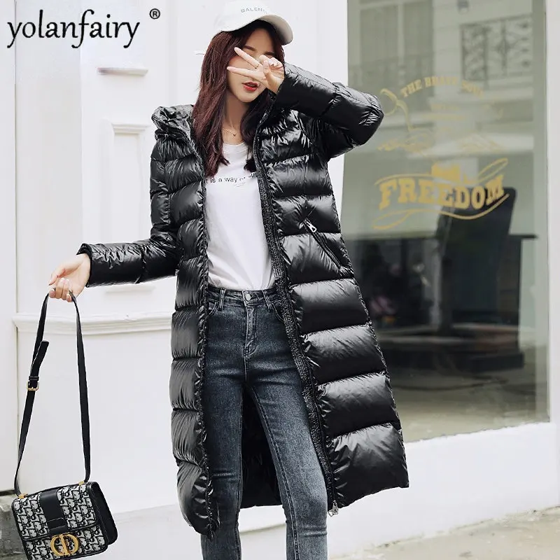 

Woman Coat 2022 New Winter Trend Women's Down Jacket Medium Long Hooded Shiny Korean Style Thick White Duck Down Puffer Jackets