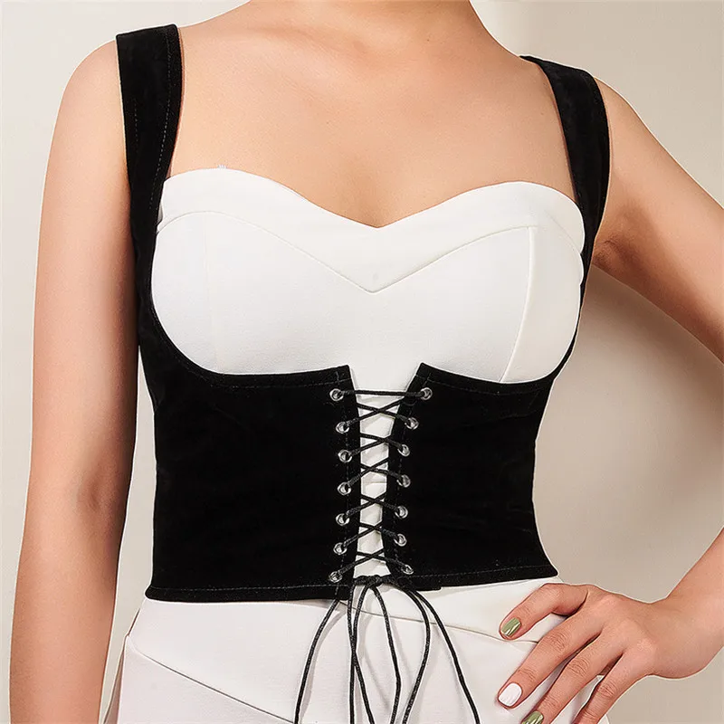 2022 New Gothic Velvet Strappy Corset Women Lace Up Crop Top Punk Style Sling Shapewear Bustiers Cummer Bunds Tops Mujer