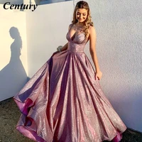 century shinny glitter prom dress sparkly a line evening dress spaghetti strap backless long party dress vestido de festa longo