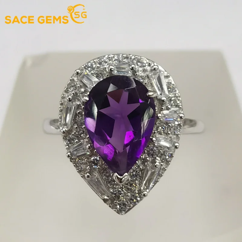 

SACE GEMS Resizable 100% 925 Sterling Silver Rings for Women Created Amethyst Gemstone Ring Wedding Engagement Band Fine Jewelry