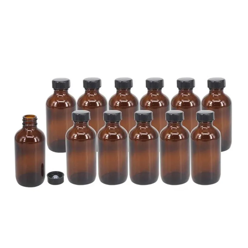 12 Pack 4 oz Amber Boston Glass Bottle with Black Poly Cap, Homemade Vanilla Extract, Essential Oils, Herbal Medicine, Gift