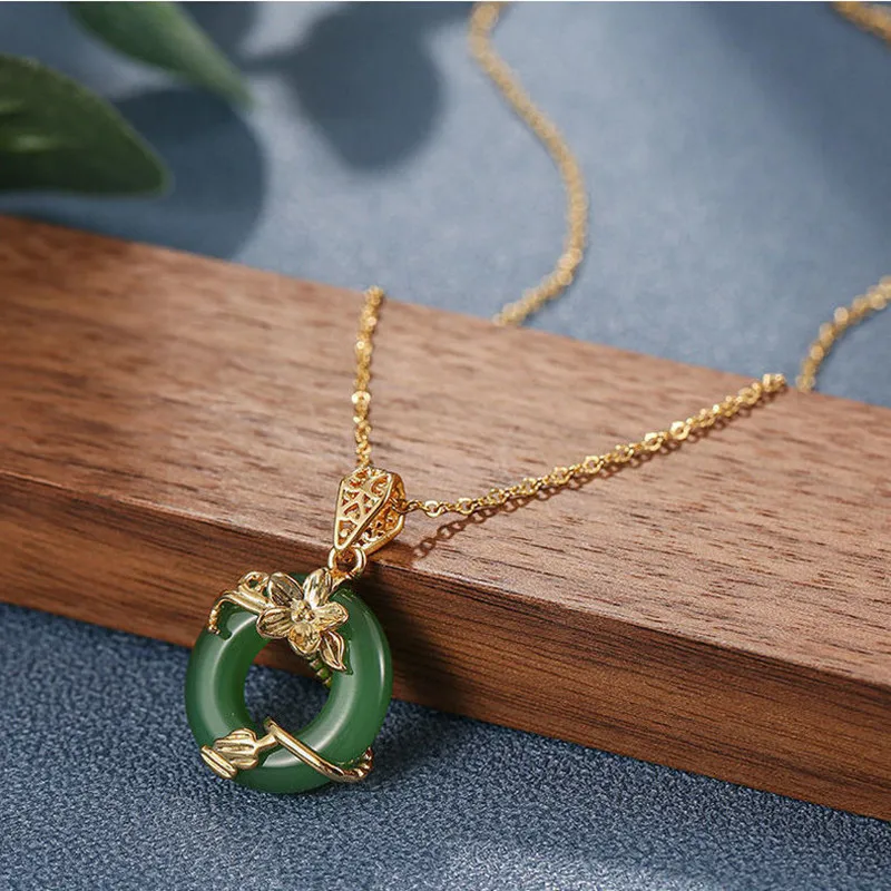 18K Real Gold Plated Flower Jade Necklace Stainless Steel Lip Chain Round Natural Jade Agate Pendant Necklace Lucky images - 6