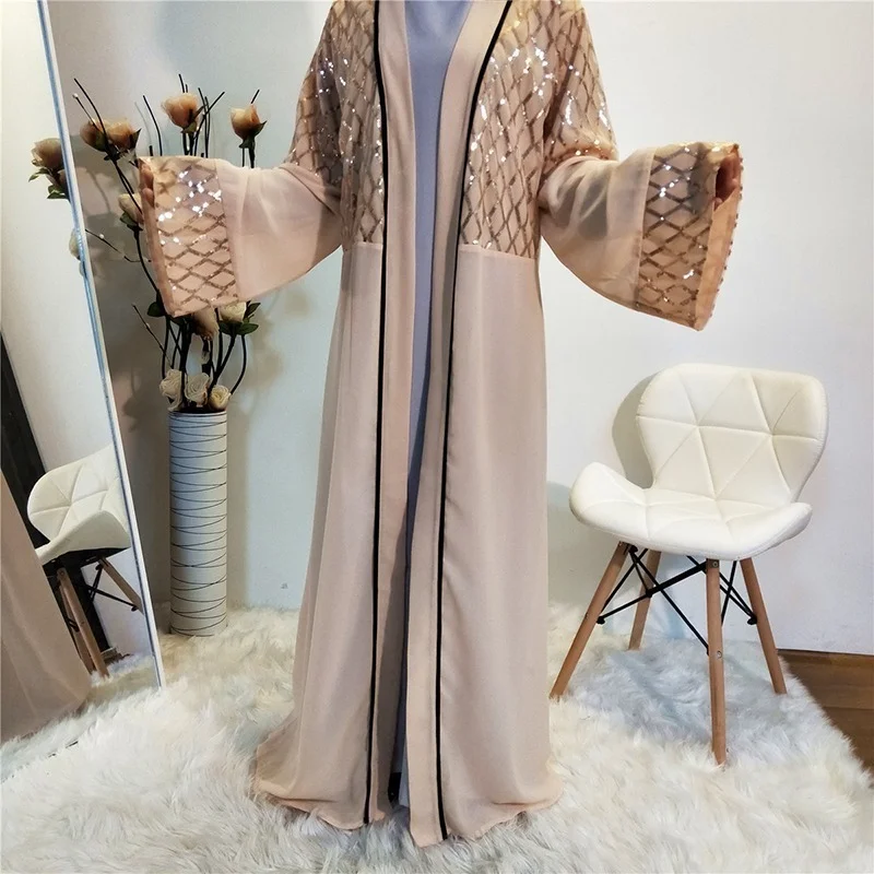 

Sequins Appliques Open Front Abaya Kimono Muslim Women Dress Modest Wear Dubai Turkey Sheer Abaya Duster Cardigan