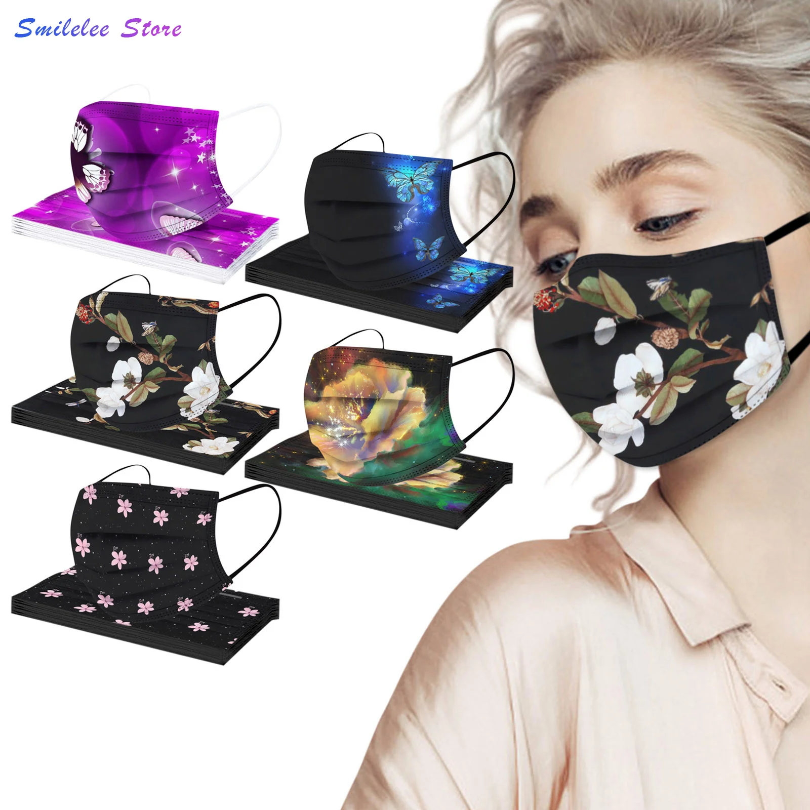 

Adult Man Women Disposable Face Mask Industrial 3ply 50pc Mask Mondkapje Cosplay Impresión Elegante De La Mariposa De La Flor