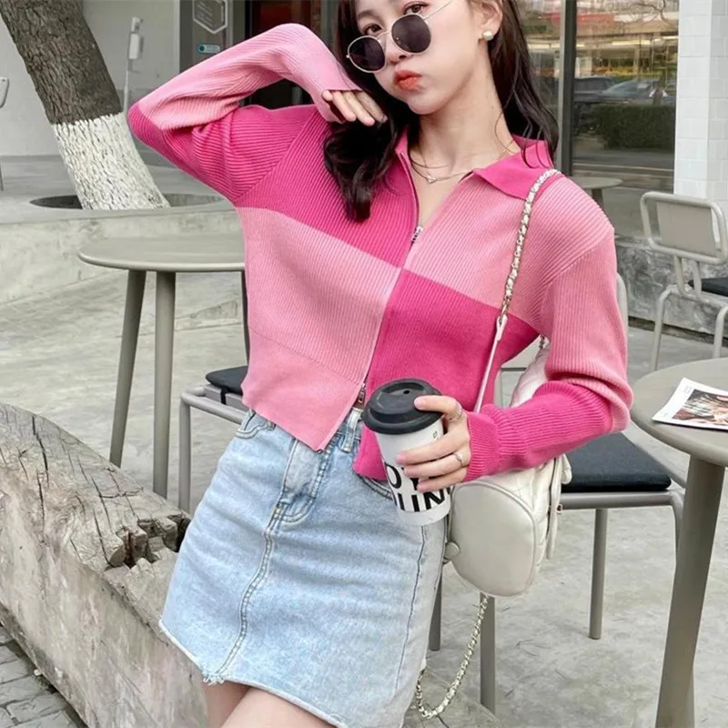 

Sweet Girl Pink Sweater Mujer Korean 2023 Autumn Checkerboard Contrast Knitted Zipper Cardigan Women's New Casual Short Slim