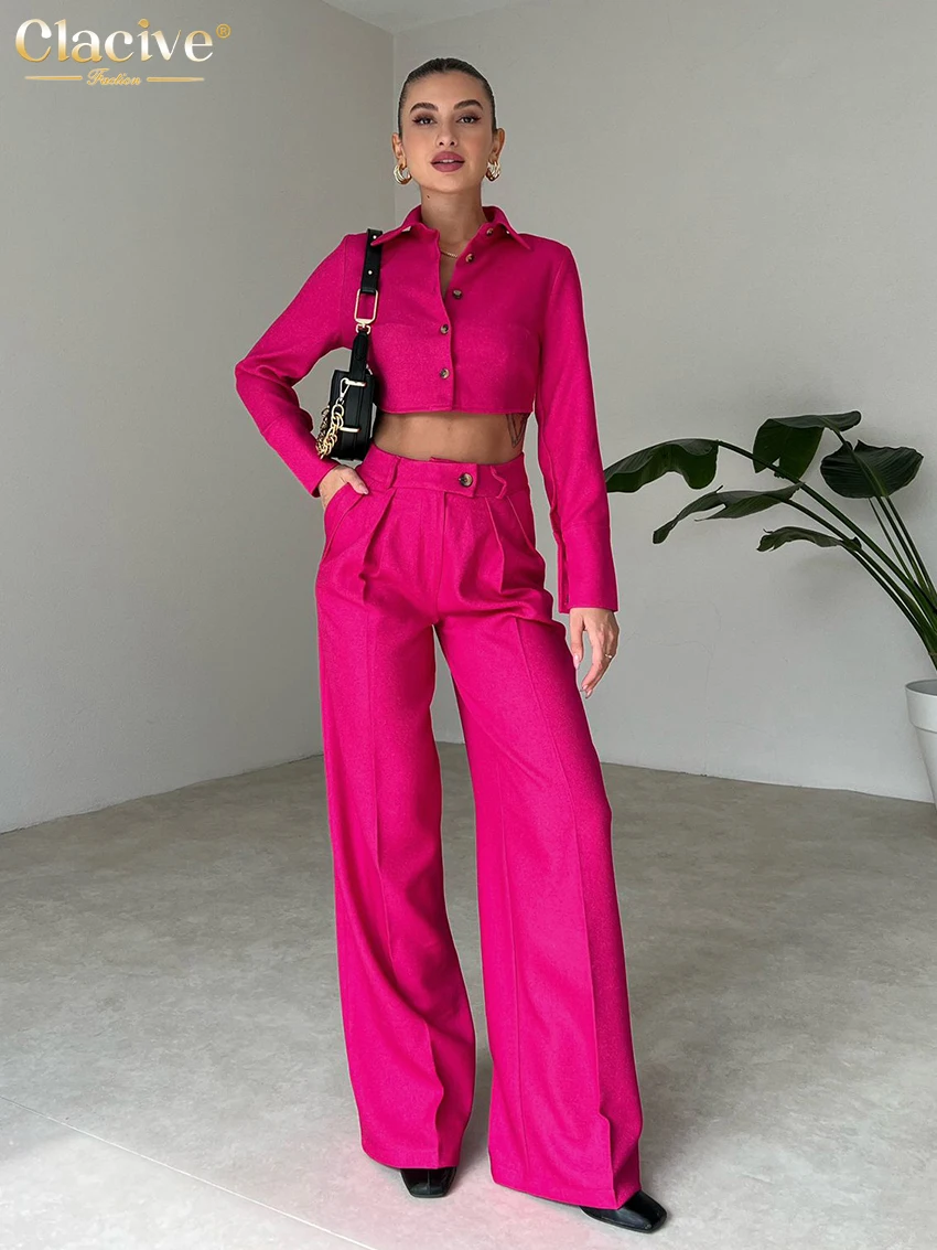

Женский комплект из двух предметов Clacive, модная облегающая розовая рубашка с длинным рукавом и широкие брюки с высокой талией, 2023