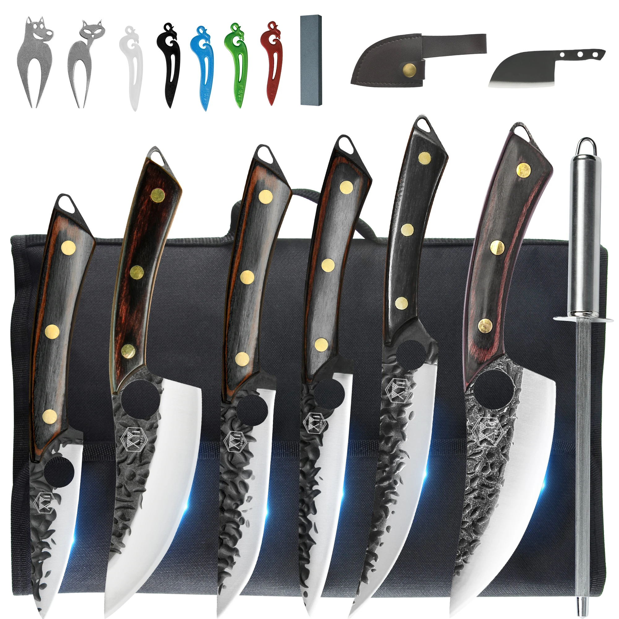 

XYj Stainless Steel Kitchen Knives Set Hammered Pattern Sharp Blade Boning Fishing Fruit Paring Knife Tool Kit With Roll Bag DIY