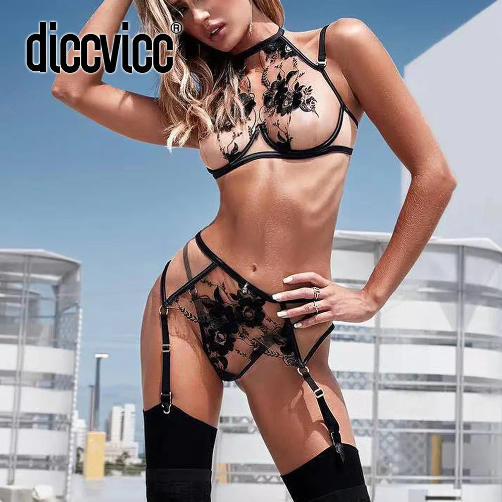 

Diccvicc Luxury Lace Underwear Women Floral Embroidery Sheer Mesh Underwire Bra See Through Erotic Garters Thong Sexy Lingerie
