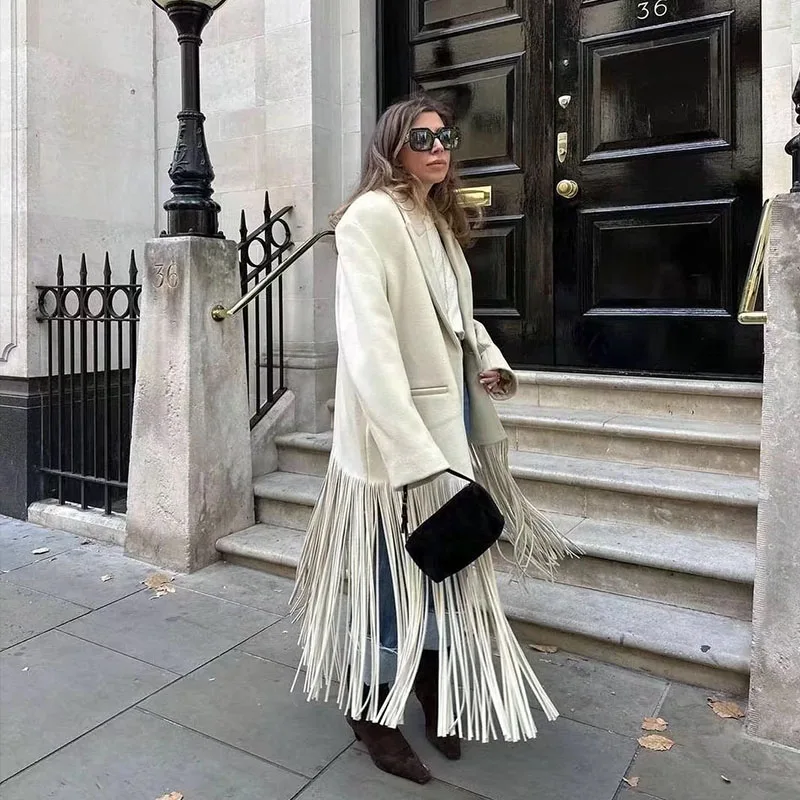 

Женское твидовое пальто на одной пуговице, повседневное Свободное пальто с бахромой и длинным рукавом, длинная теплая шикарная верхняя одежда, зима 2023