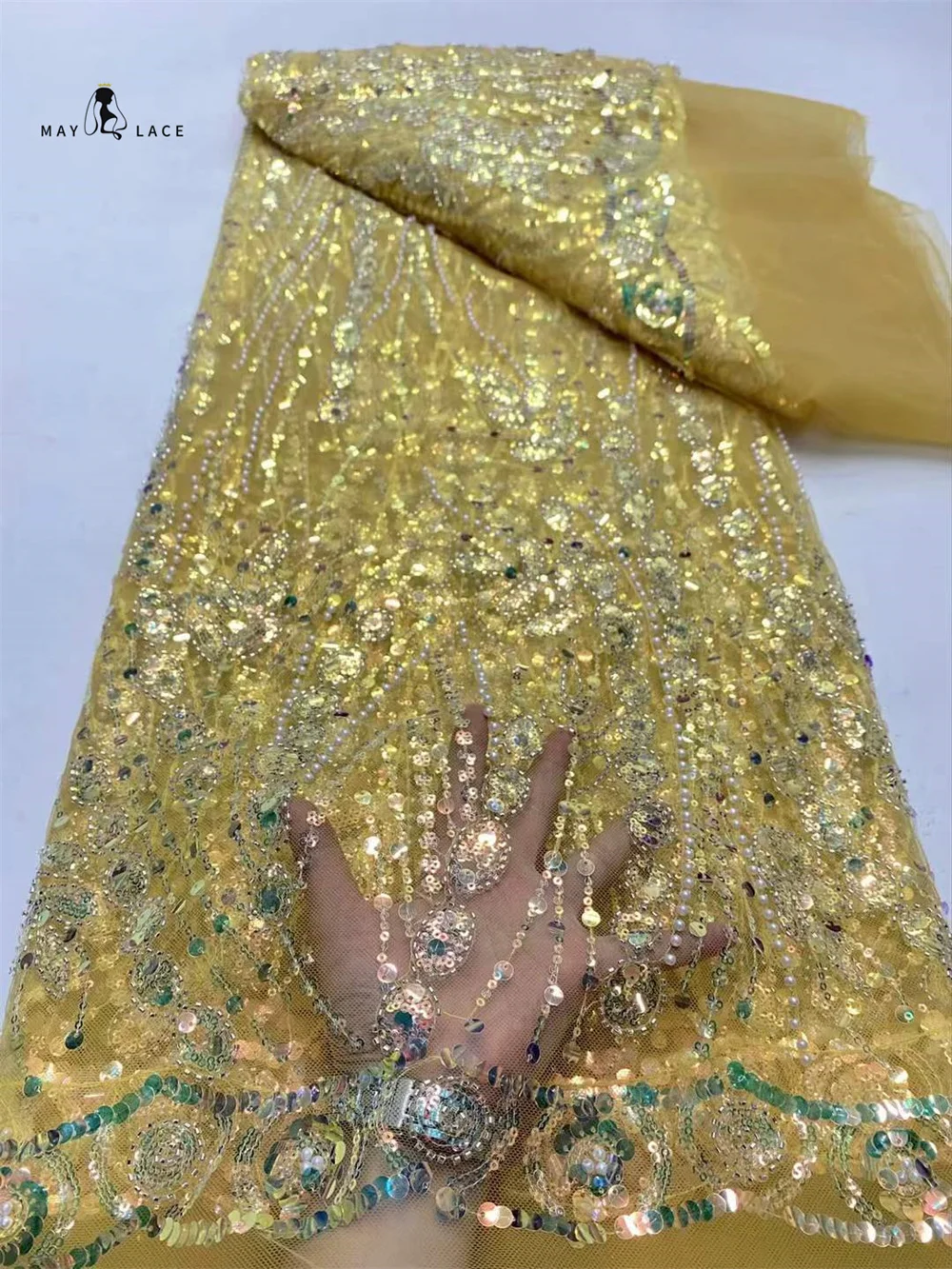 Золотая нигерийская роскошная кружевная ткань с бисером и перьями 2022 высокое