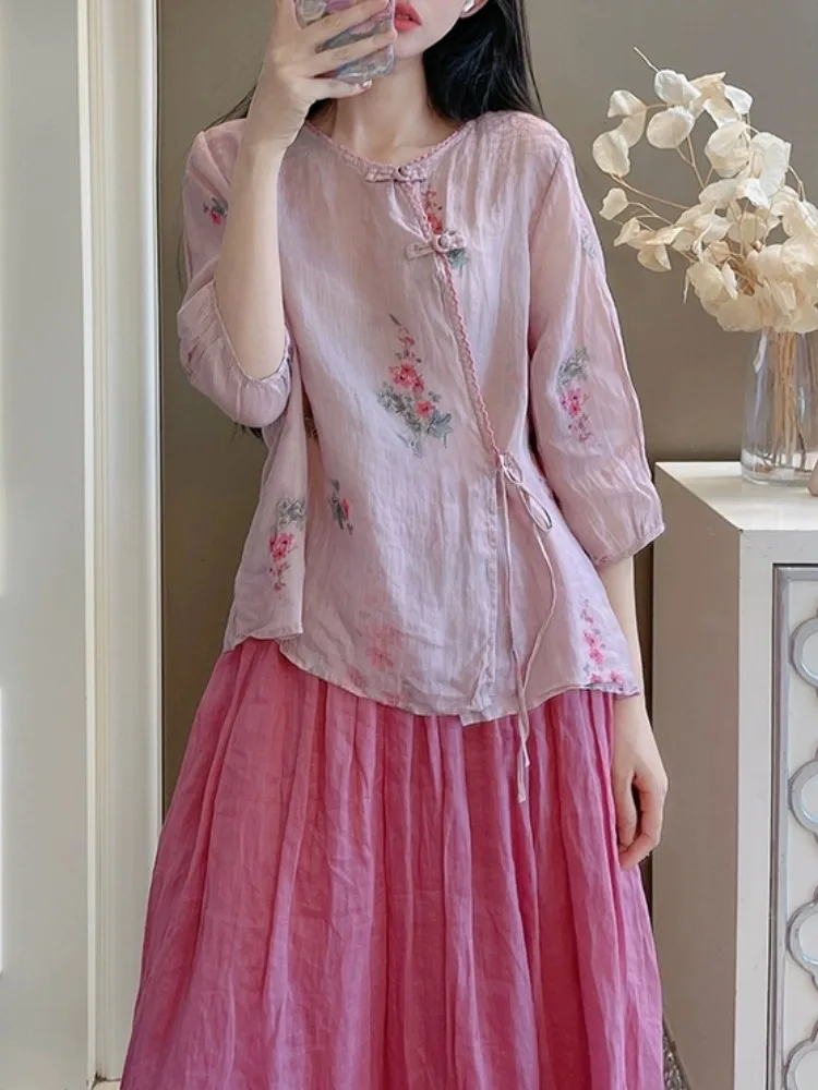 Chinese Zen Ramie Print Shirts Women Summer Loose Casual Shirt Retro Buckle Lace-up Cotton and Linen Tea Clothes Top
