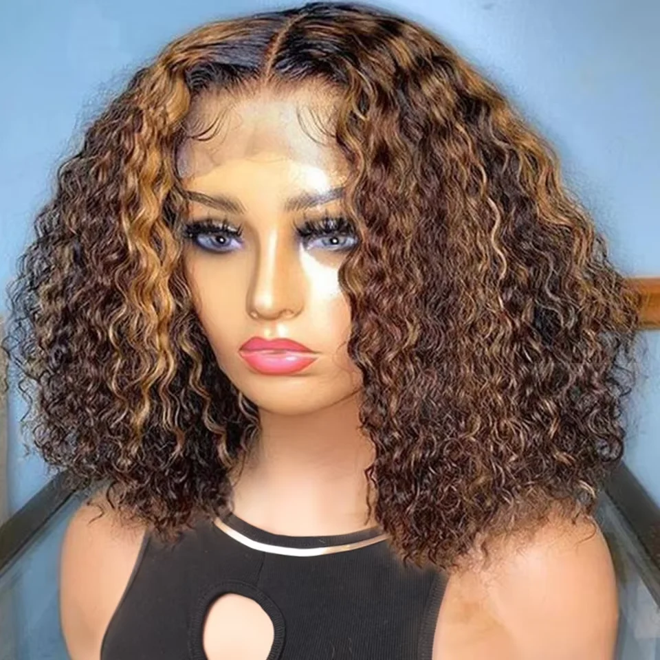 13x4 Lace Human Hair Short Wigs Curly Color 4/27 Highlight Ombre Deep Wave Bob For Women