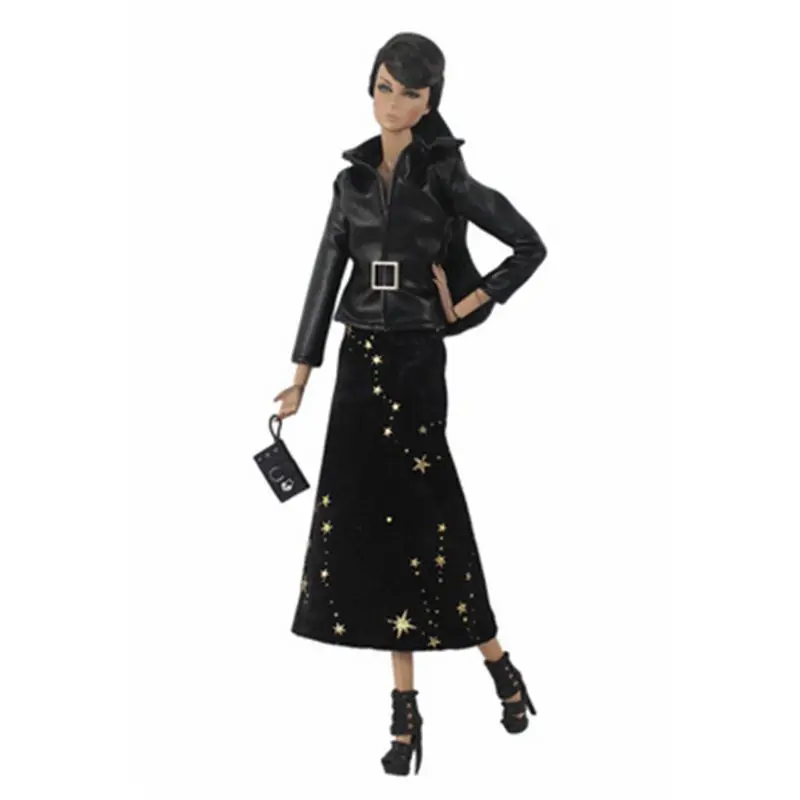 

Комплект одежды для куклы Барби, черное кожаное пальто и куртка со звездами, 11,5 дюйма