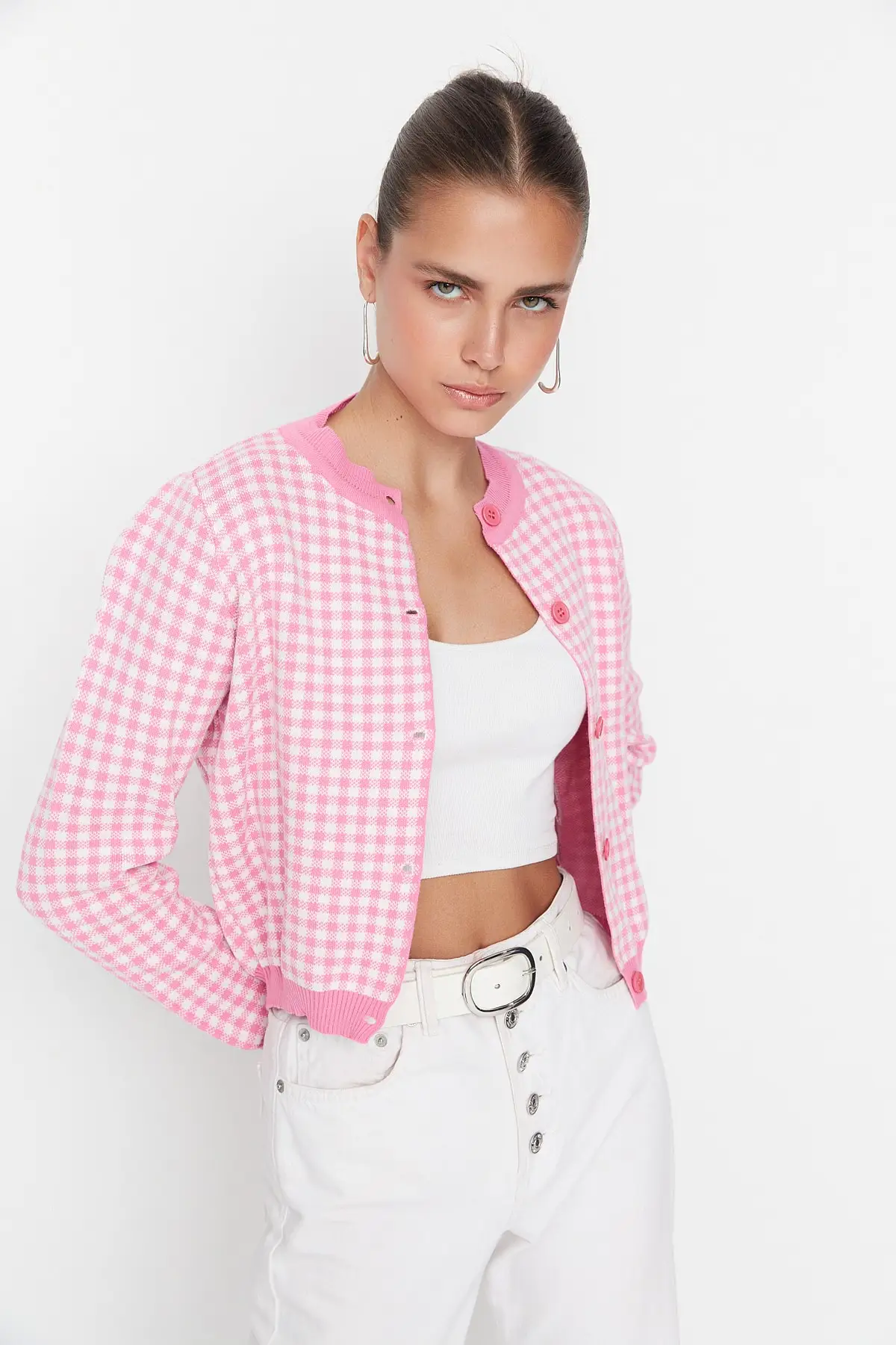 

Pink Houndstooth Jakarlı Knitwear Cardigan TWOAW22HI0234