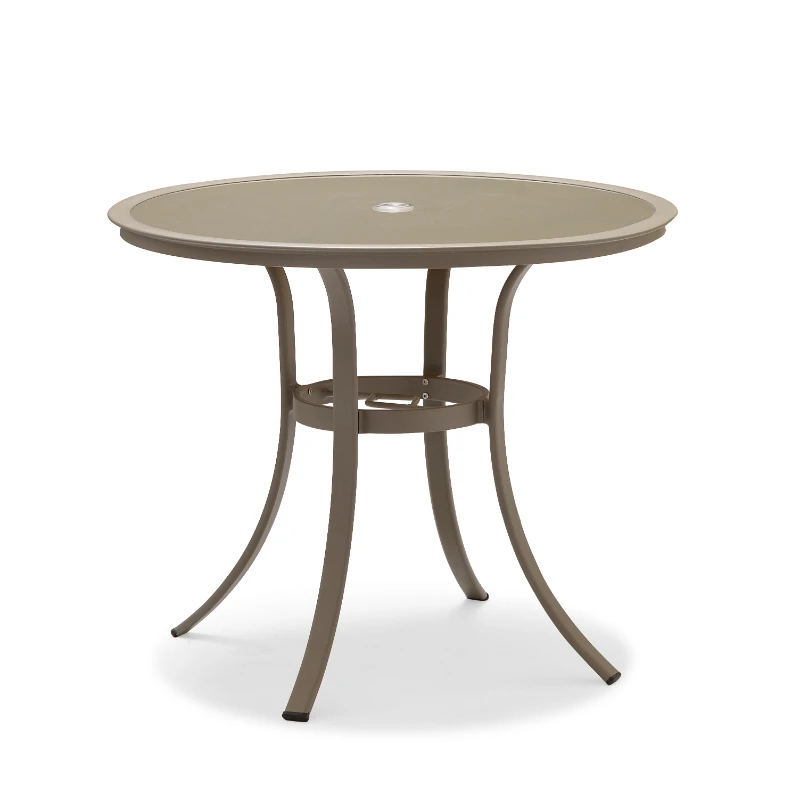 

Modern patio high-end powder color round glass top table outdoor coffee table with umbrella hole
