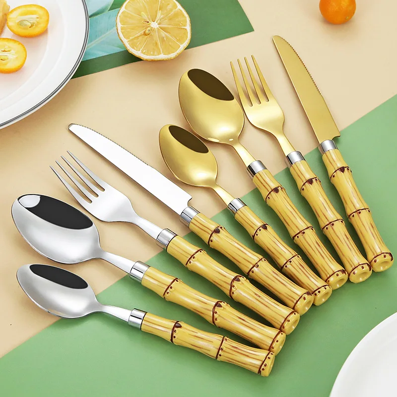 

4PCS Tableware Set Purely Natural Bamboo Handle Stainless Steel Flatware Set Dinnerware Bamboo Cutlery Steak Knife Cutlery