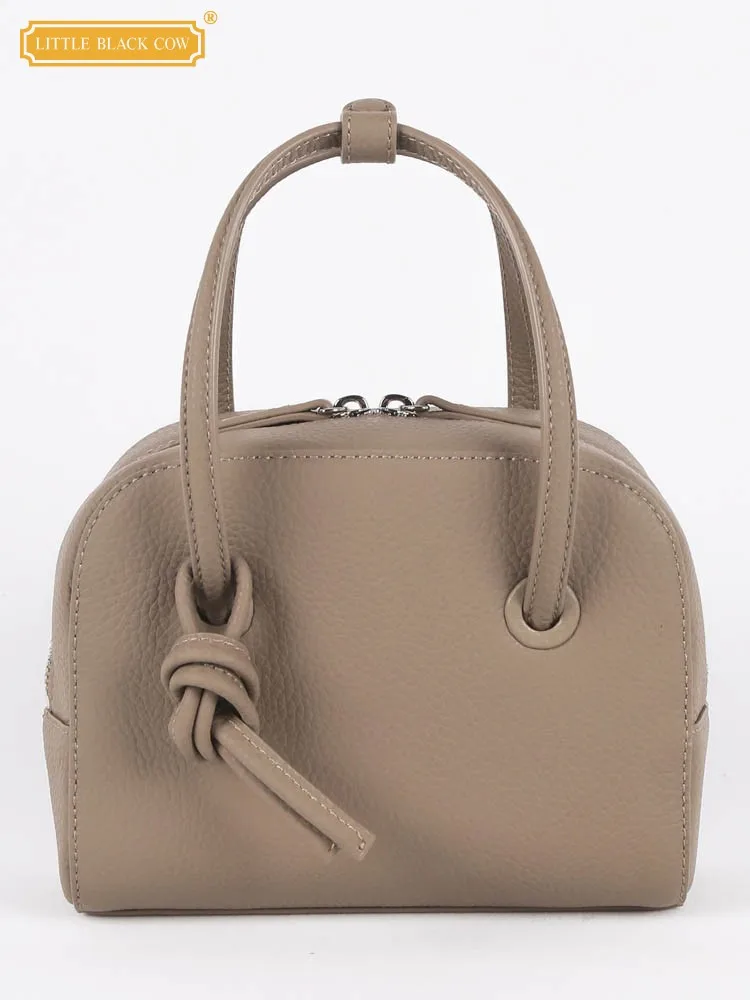 Office Ladies Japanese Style Fashion Cowhide Genuine Leather Totes Handbag Zipper Solid Elegant Vintage Women Small Pillow Bag