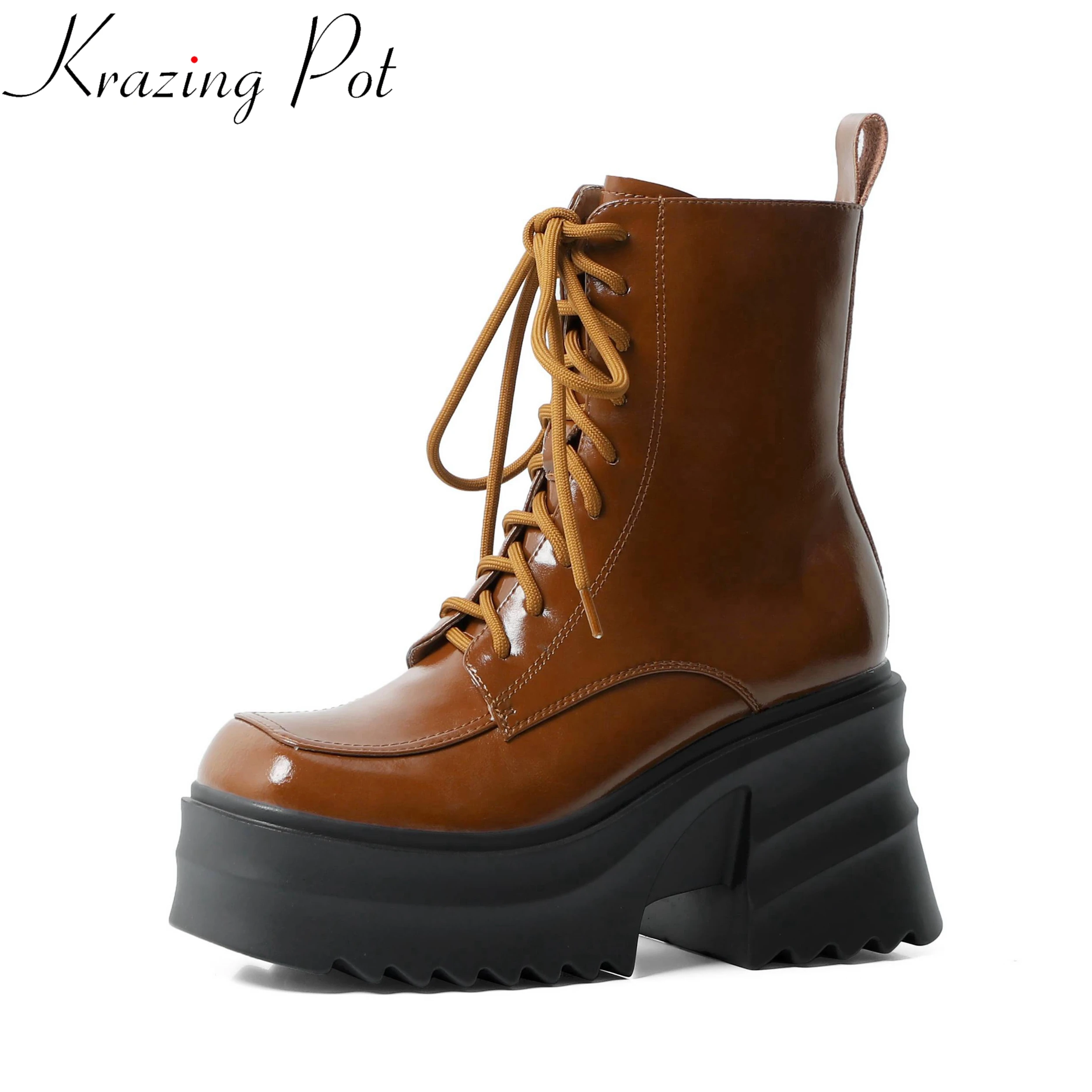 

Ботинки для верховой езды Krazing Pot, из коровьей лакированной кожи, с круглым носком, на высоком каблуке, с перекрестной шнуровкой, зимние классические стильные однотонные ботильоны для девушек L91