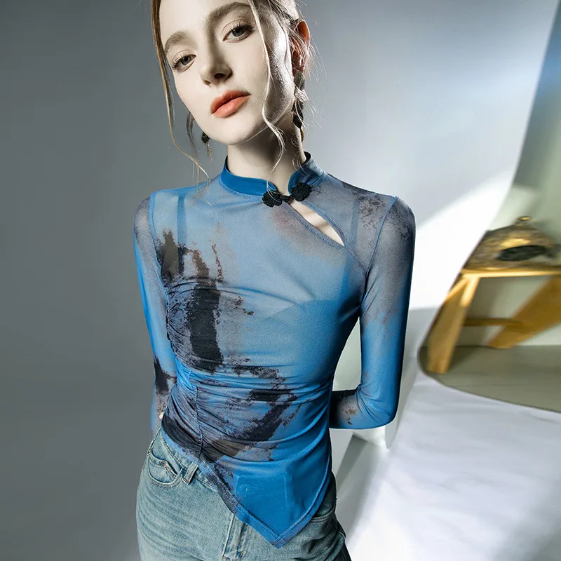 

High Quality 2023 Women T-shirt Gauze Splice Tees Female Autumn Sexy Crop Top Clothes Casual Fashion Blouses Y2k Tops Clothing