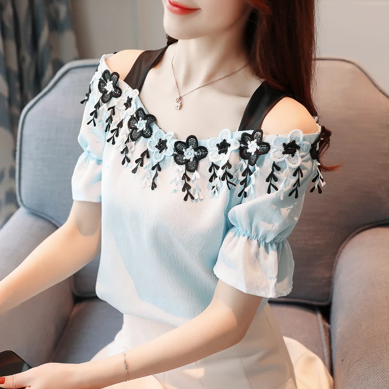 Женская шифоновая блузка топ с открытыми плечами и вырезом-лодочкой коротким