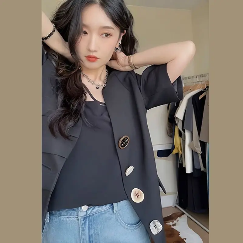 Plus Size Korean Fashion V-neck Short Sleeve Blazer Women Spring Summer Jacket Y2k Crop Top Business Casual Women's Clothing