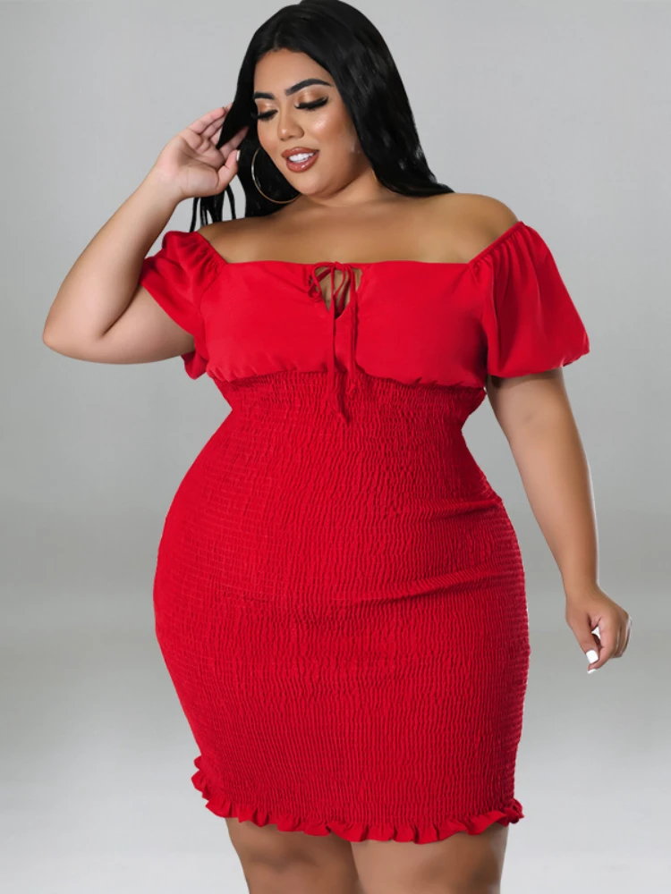 

Plus Size Curve 4XL 5XL Red Sexy Pleated Mini Dresses Women Elegant Ruffle African High Waist Robes Party Club Wear with Sashes