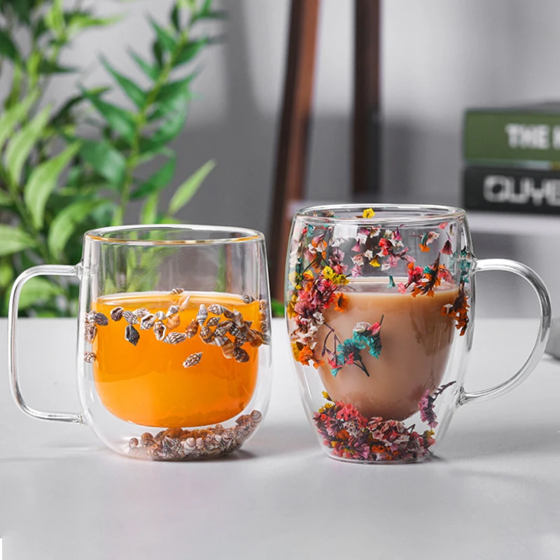 

380ml Creative Double Wall Glass Cup Coffee Mug With Dry Flower Sea Snail Conchs Glitters Fillings For Juice Milk Lovely Gift