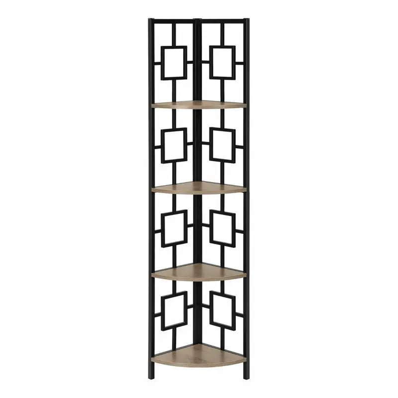 

Bookshelf, Bookcase, Etagere, Corner, 4 Tier, 62"H, Office, Bedroom, Metal, Laminate, Brown, Black, Contemporary, Modern