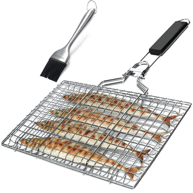 Grilling Net BBQ Grill Fish Basket Folding Portable Stainless Steel with Handle Portable Outdoor Camping Steaming Rack Grill