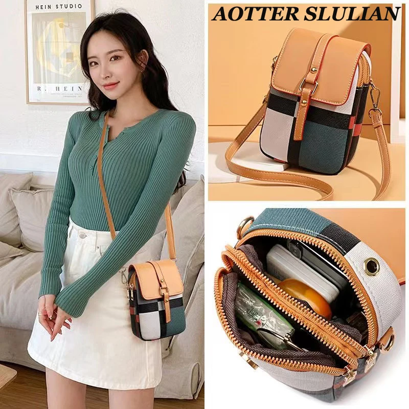 Small Crossbody Leather Phone Bag for Women,Cellphone Shoulder Bags Card Purse Wallet Trend Fashion Plaid Messenger Bag 2022