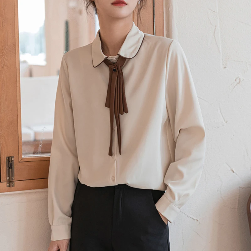 

Spring Women's Long Sleeved Lapel Patchwork Lace Up Lantern Sleeve Commuting Chiffon Shirt Blouse Women Camisas Womens Tops A57