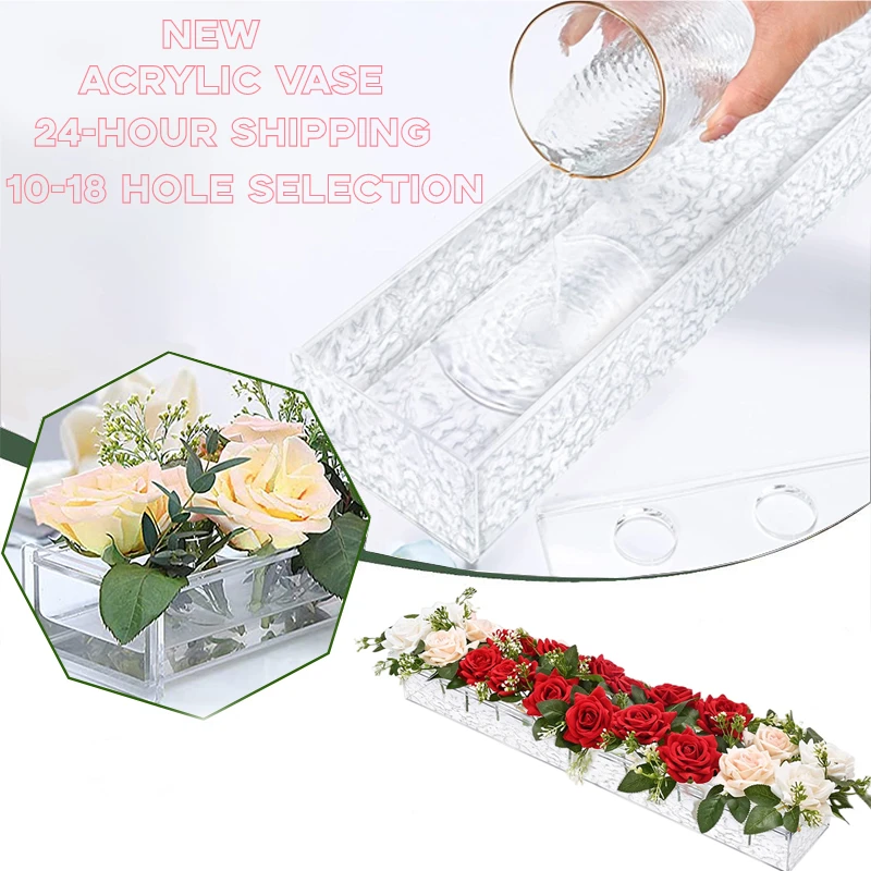 

Transparent Rectangular Acrylic Flower Vase Centerpiece Clear Long Modern Decorative Vases Wedding Home Room Table Decoration