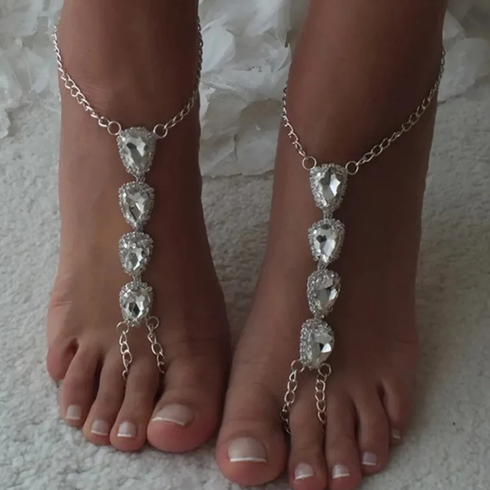 

2 Pcs Beach Rhinestone Big Water Drop Barefoot Sandals Anklet Foot Jewelry for Women Luxury Crystal Bridal Toe Anklet Bracelet