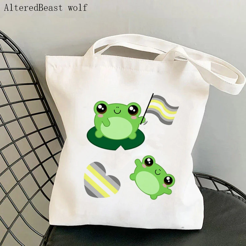 

Women Shopper bag Kawaii Froggy Waving Demigender Pride Flag Bag Harajuku Canvas Shopper Bag girl handbag Tote Shoulder Lady Bag