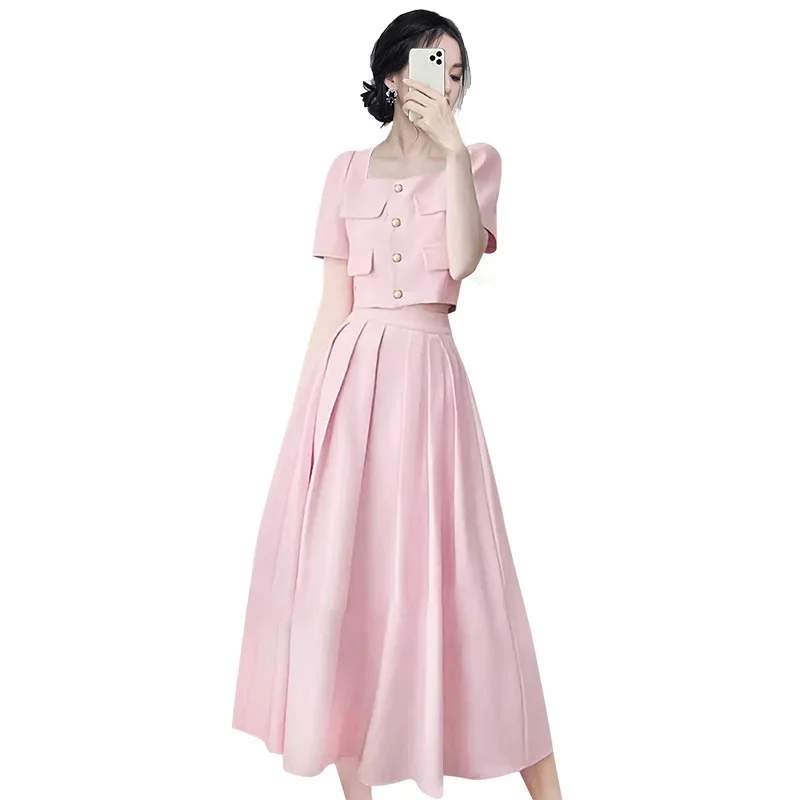 Лето 2023 новый твидовый укороченный топ и юбка средней длины в светском стиле