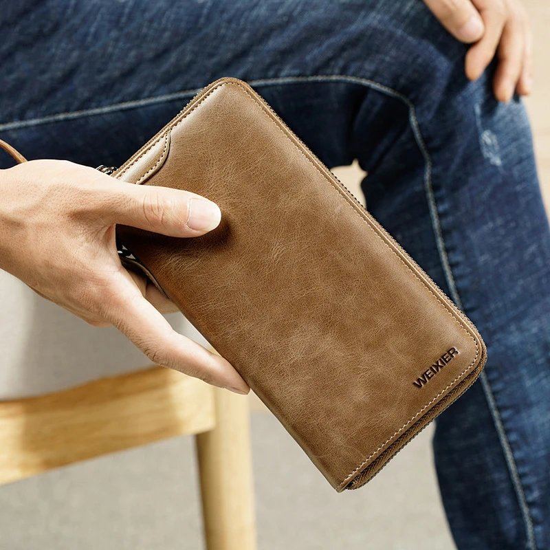 

New Trend Vintage Fashion Men Long Wallet Men Split Leather Wallet card holder Male Zipper Purse Coin Purse male clutch bag