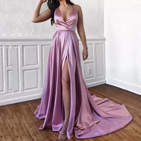 layout niceb simple v neck prom dresses 2022 a line high side slit elegant satin formal party evening gown vestido de noche