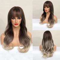 long wavy synthetic wigs brown to blonde ombre with bangs fake hair for women daily cosplay party heat resistant wig