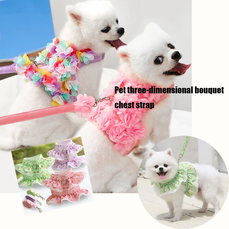 

Flowers Pet Dog Harness Vest Leash Small Medium Comfortable Mesh Harness For Dog Cat Collar Perro Leash Rope Pet Dog Accessories