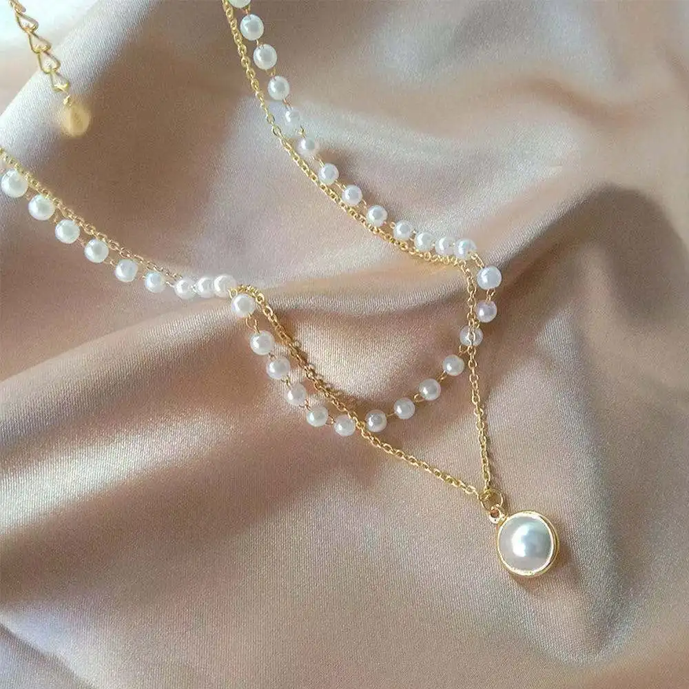 

G&D Luxury Kpop Fashion Pearl Necklace Exquisite Characteristic Collarbone Golden Double Layer Necklace for women Jewelry set