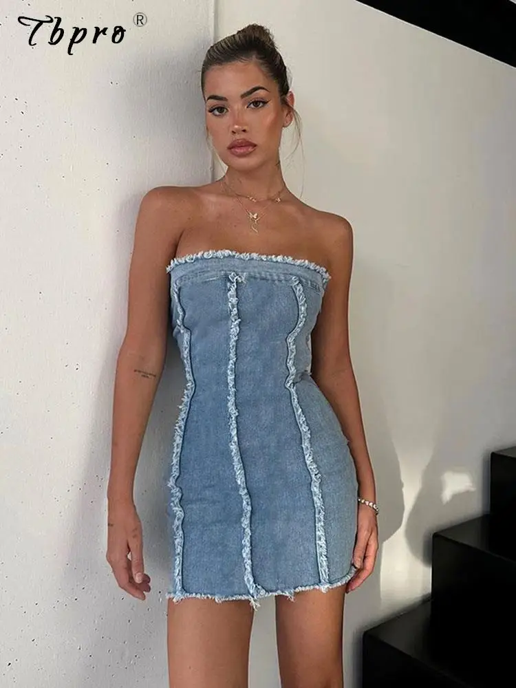 

Sexy Denim Dress For Women Backless Strapless Fashion Stitching Mini Skirt 2023 Summer Y2k Female Nightclub Club Party Dresses