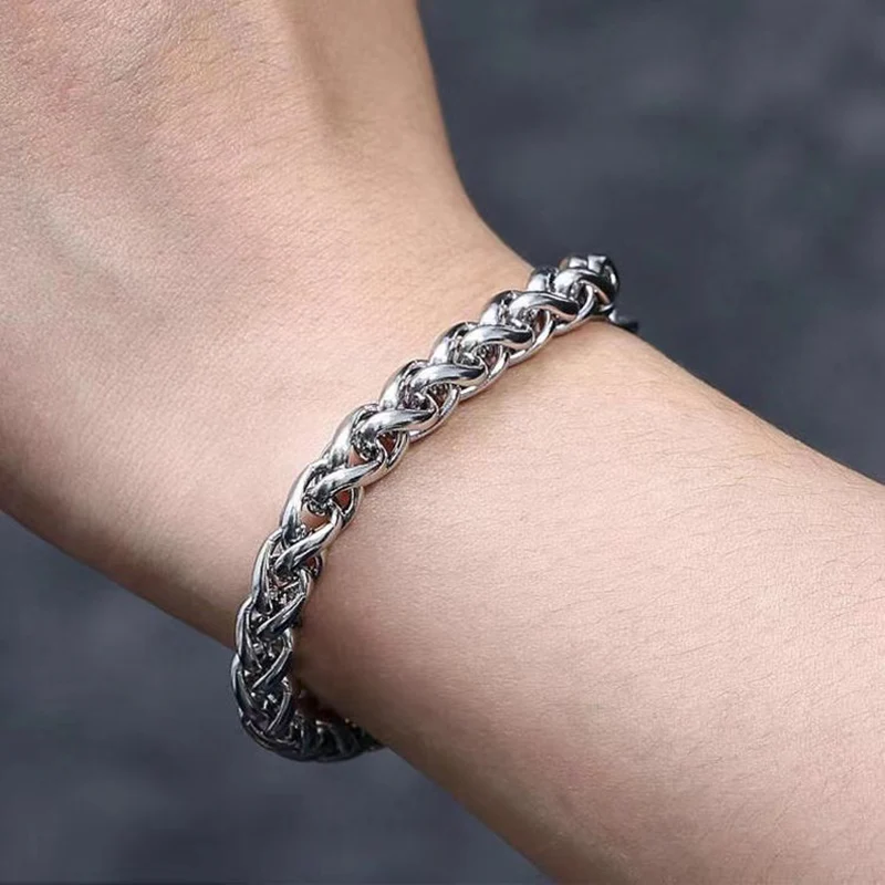 

Punk Stainless Steel Chains Bracelets For Women Men Cool Wheat Chains Wrist Bracelets Bangles Hip Hop Streetwear Unisex Jewelry