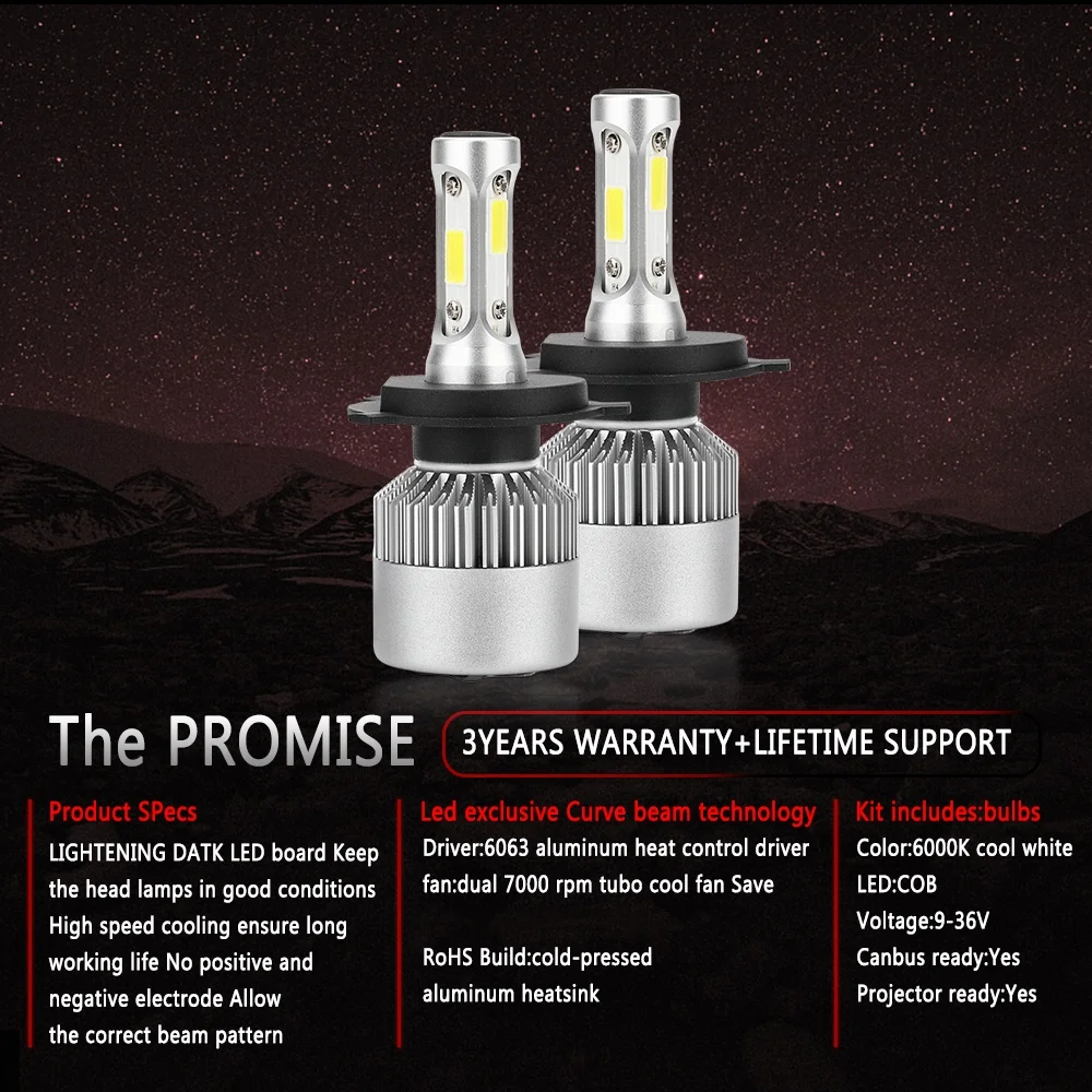 H4 9005/HB3 9006/HB4 880 H1 Светодиодные лампы для фар 3 лица COB Чипы LED 6500K Белый 40000LM 360 °