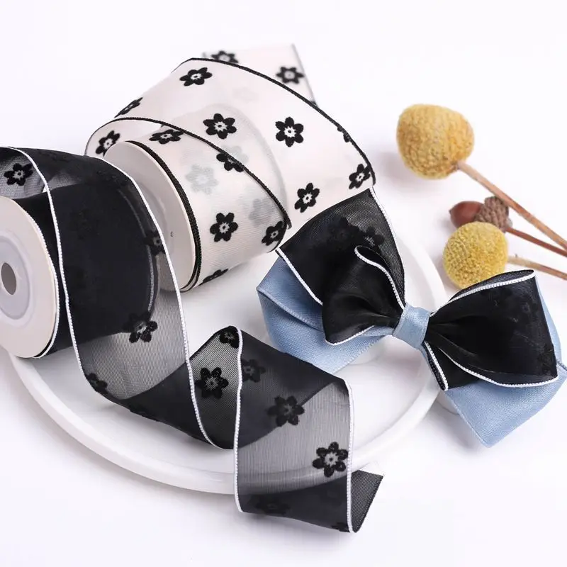 

10Yards 40mm Flocking Flower Chiffon Ribbons for Crafts Bow Hair Accessories Hat Handmade Gift Wrap Party Wedding DIY Decorative