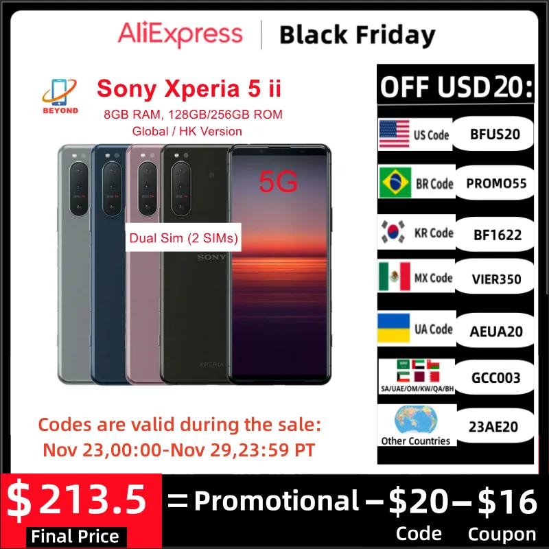 

Sony Xperia 5 II 5ii 5G Dual Sim XQ-AS52 XQ-AS72 8GB RAM 128/256GB ROM Mobile Phone Original 6.1" OLED Snapdragon Octa Core NFC
