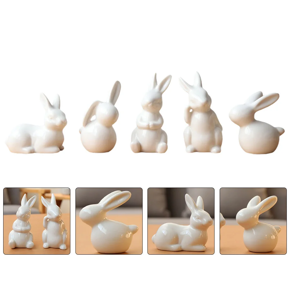 

5Pcs Various Realistic Ceramic Bunny Adornment Rabbit Figurine for Desktop Micro Landscape