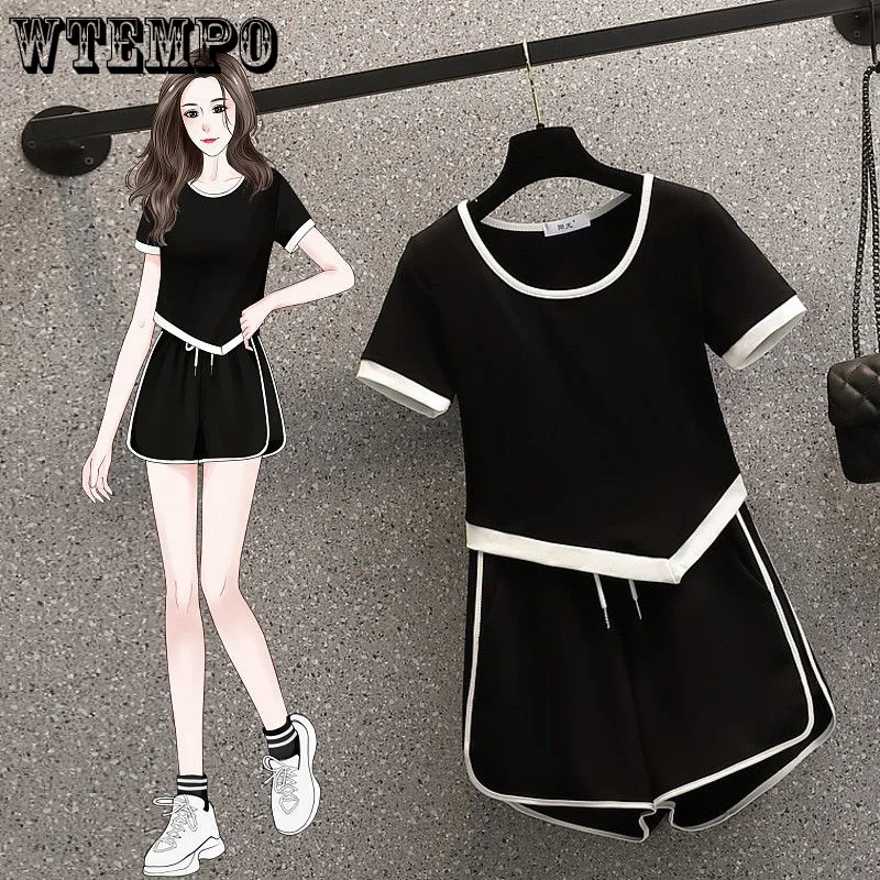 

Повседневные спортивные короткие комплекты, короткий топ неправильной формы + шорты с эластичной талией на шнуровке, Женский комплект из двух предметов, простая летняя Прямая поставка