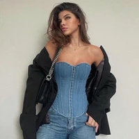 2022 womens tops 2022 spring and summer new products womens wavy neck fishbone slim straps solid color denim tube top vest
