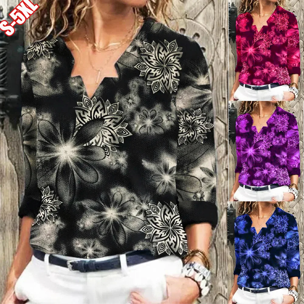 

Women's 2022 Spring Autumn New Vintage Printed V-Neck Long Sleeve T-Shirt Ladies Fashion Casual Street Pullover Tops